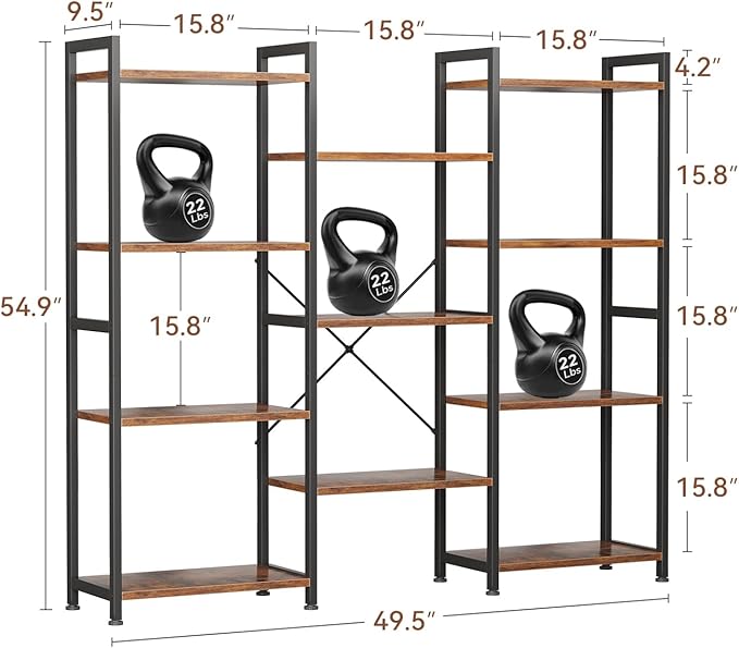Triple 4 Tier Bookshelf, Large Bookcase with 11 Open Display Shelves, Modern Industrial Book Shelves Book Case for Bedroom, Wide Standing Shelving Unit for Living Room Home Office, Vintage