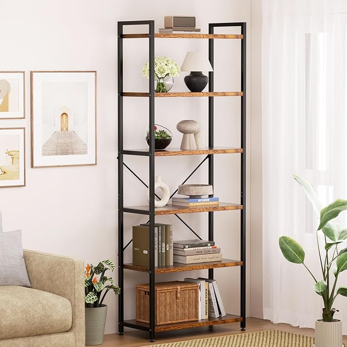 Book Shelf, 6 Tier Tall Bookshelf, Modern Wood Bookcase Shelves for Bedroom, Industrial Display Shelf for Living Room Home Office Kitchen, Standing Shelving Unit Storage Organizer, Black