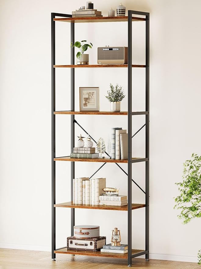 Book Shelf, 6 Tier Tall Bookshelf, Modern Wood Bookcase Shelves for Bedroom, Industrial Display Shelf for Living Room Home Office Kitchen, Standing Shelving Unit Storage Organizer, Black