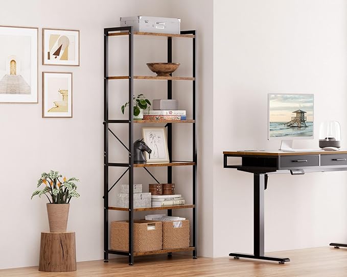 Book Shelf, 6 Tier Tall Bookshelf, Modern Wood Bookcase Shelves for Bedroom, Industrial Display Shelf for Living Room Home Office Kitchen, Standing Shelving Unit Storage Organizer, Black