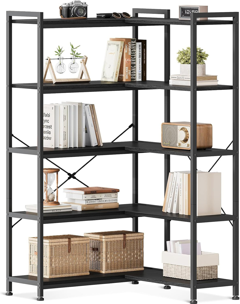Book Shelf, 6 Tier Tall Bookshelf, Modern Wood Bookcase Shelves for Bedroom, Industrial Display Shelf for Living Room Home Office Kitchen, Standing Shelving Unit Storage Organizer, Black