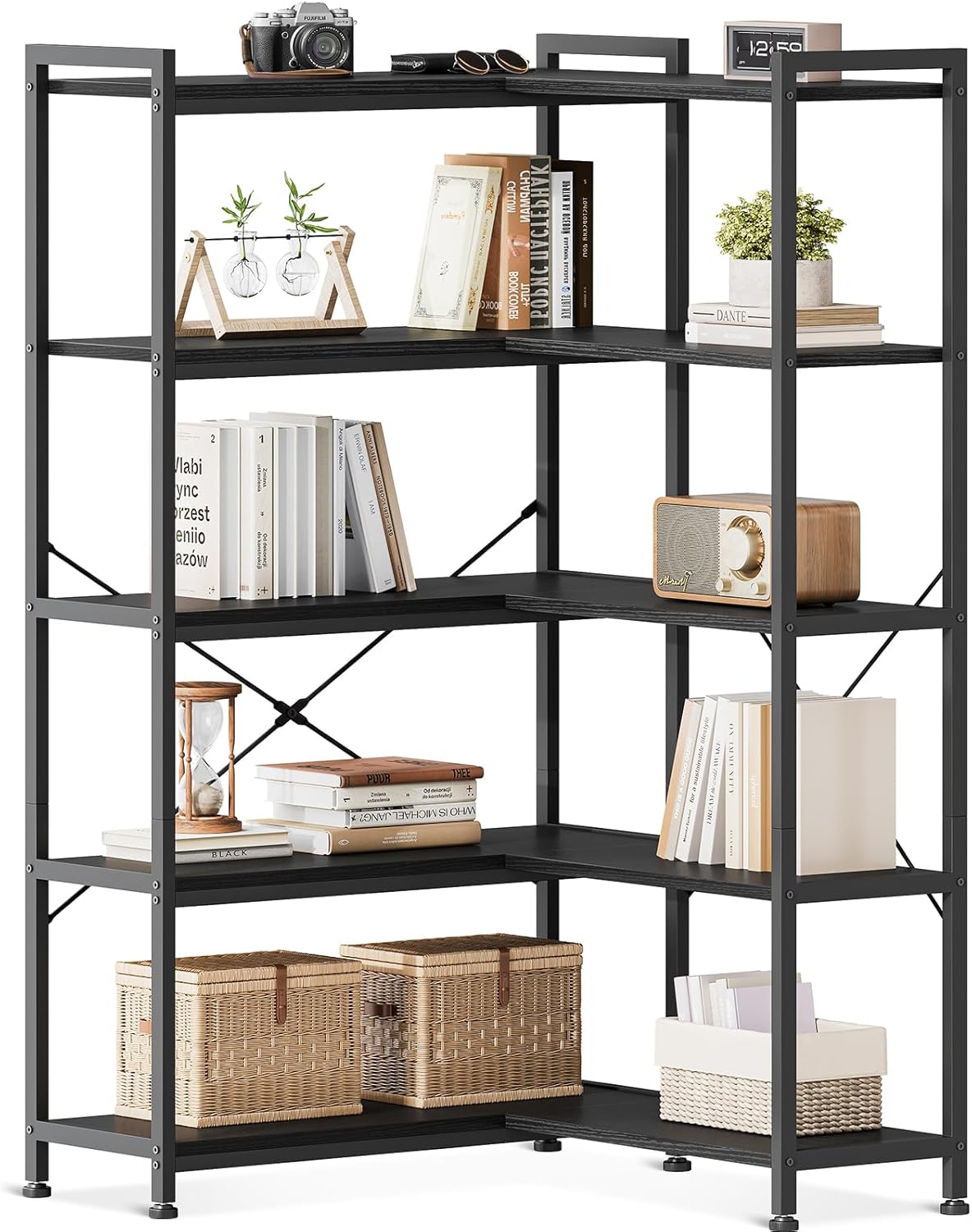 Book Shelf, 6 Tier Tall Bookshelf, Modern Wood Bookcase Shelves for Bedroom, Industrial Display Shelf for Living Room Home Office Kitchen, Standing Shelving Unit Storage Organizer, Black