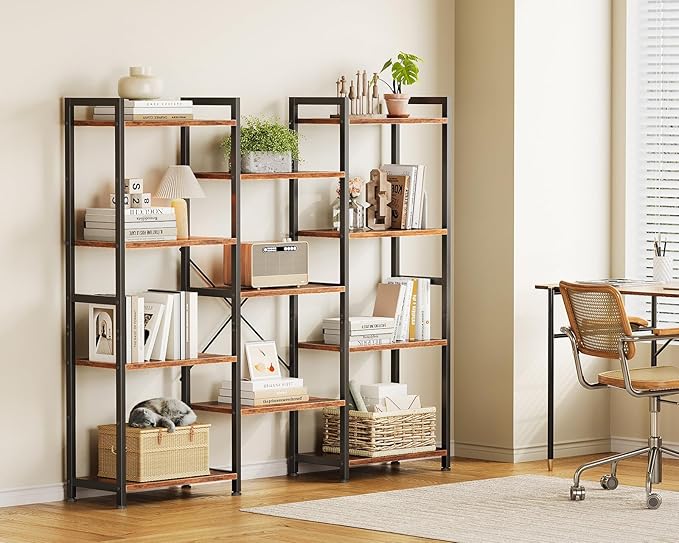 Triple 4 Tier Bookshelf, Large Bookcase with 11 Open Display Shelves, Modern Industrial Book Shelves Book Case for Bedroom, Wide Standing Shelving Unit for Living Room Home Office, Vintage