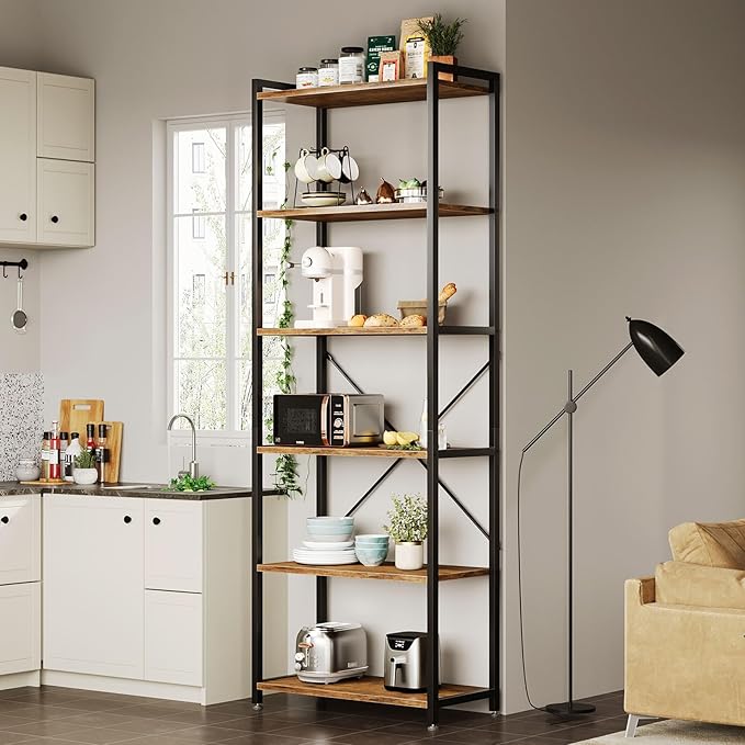 Book Shelf, 6 Tier Tall Bookshelf, Modern Wood Bookcase Shelves for Bedroom, Industrial Display Shelf for Living Room Home Office Kitchen, Standing Shelving Unit Storage Organizer, Black