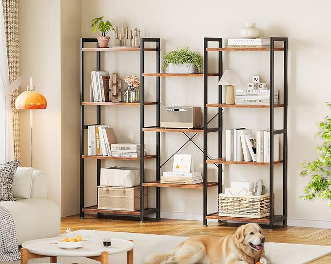 Triple 4 Tier Bookshelf, Large Bookcase with 11 Open Display Shelves, Modern Industrial Book Shelves Book Case for Bedroom, Wide Standing Shelving Unit for Living Room Home Office, Vintage