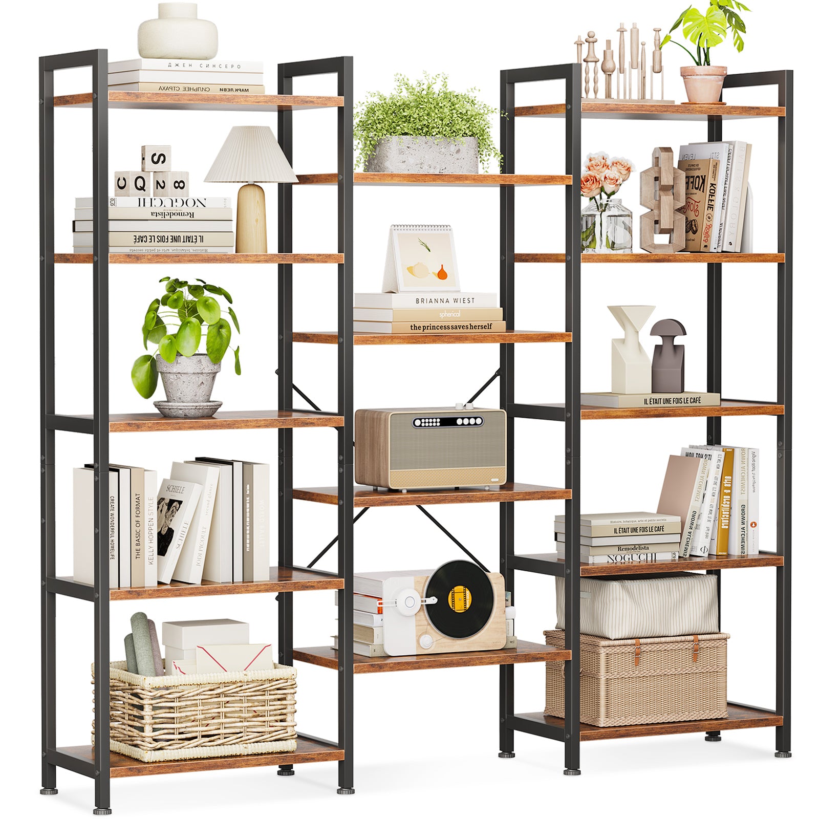 Triple 5 Tier Bookshelf, Large Bookcase with 14 Open Display Shelves, Modern Industrial Book Shelves Book Case for Bedroom, Wide Standing Shelving Unit for Living Room Home Office, Vintage