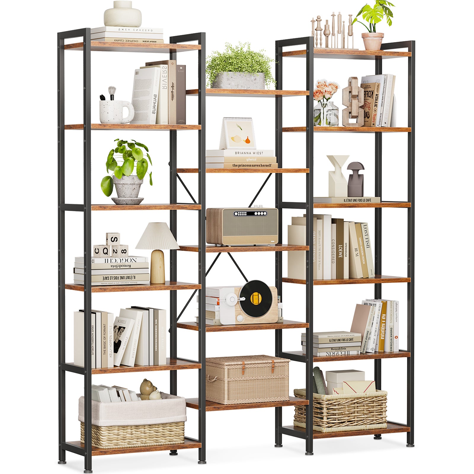 Triple 6 Tier Bookshelf, Large Bookcase with 17 Open Display Shelves, Modern Industrial Book Shelves Book Case for Bedroom, Wide Standing Shelving Unit for Living Room Home Office, Vintage