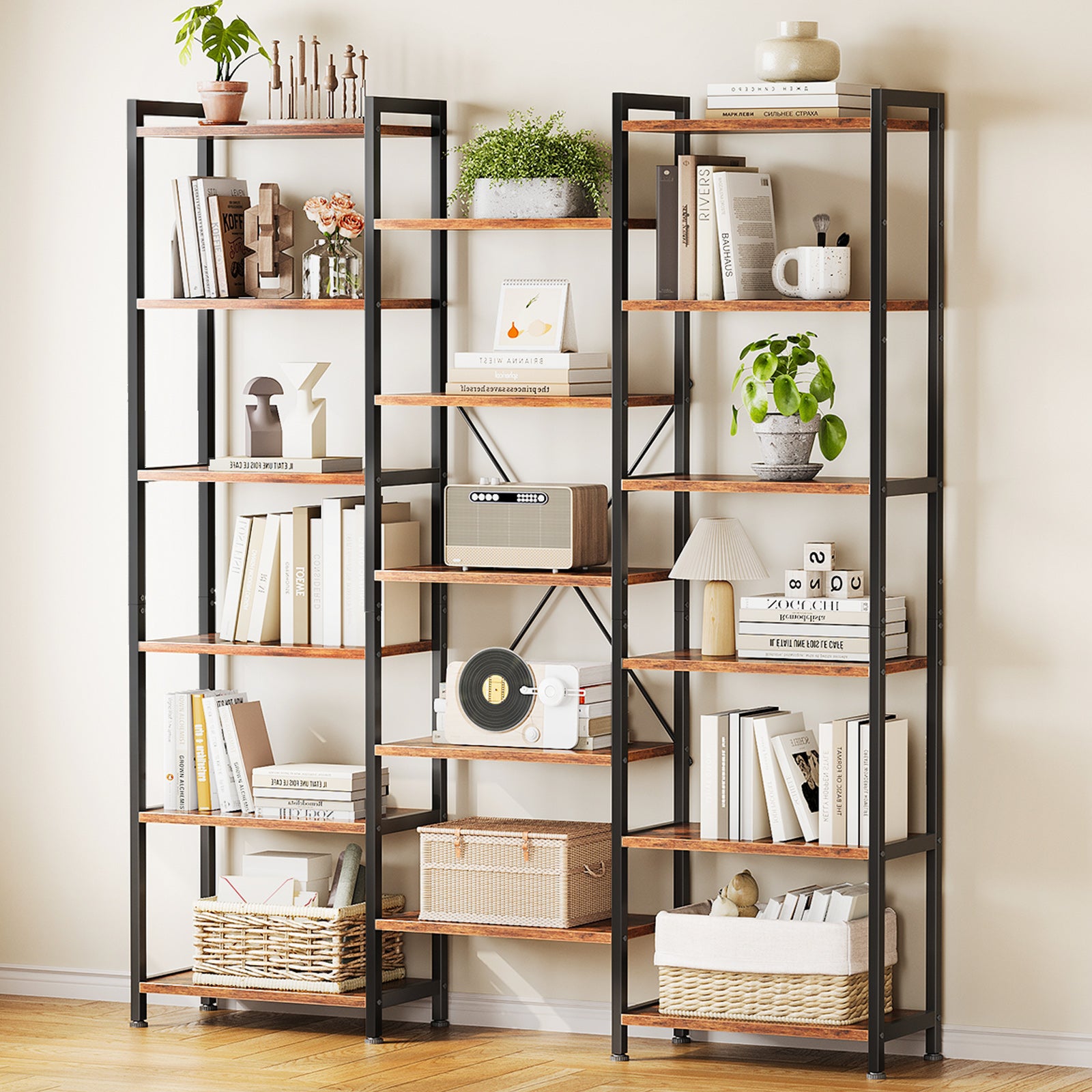 Triple 6 Tier Bookshelf, Large Bookcase with 17 Open Display Shelves, Modern Industrial Book Shelves Book Case for Bedroom, Wide Standing Shelving Unit for Living Room Home Office, Vintage