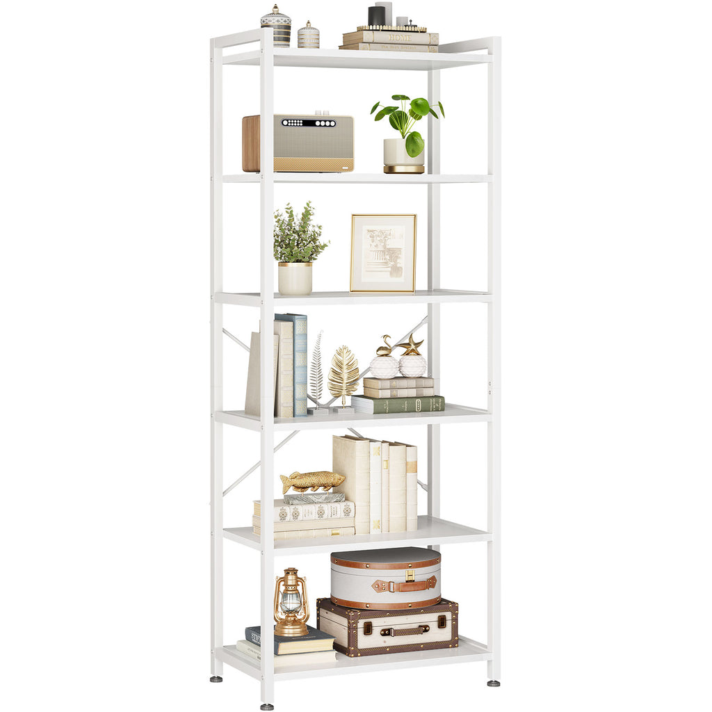 Book Shelf, 6 Tier Tall Bookshelf, Modern Wood Bookcase Shelves for Bedroom, Industrial Display Shelf for Living Room Home Office Kitchen, Standing Shelving Unit Storage Organizer, White