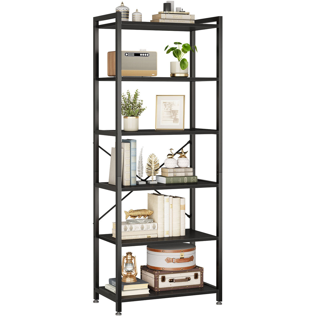 Book Shelf, 6 Tier Tall Bookshelf, Modern Wood Bookcase Shelves for Bedroom, Industrial Display Shelf for Living Room Home Office Kitchen, Standing Shelving Unit Storage Organizer, Black