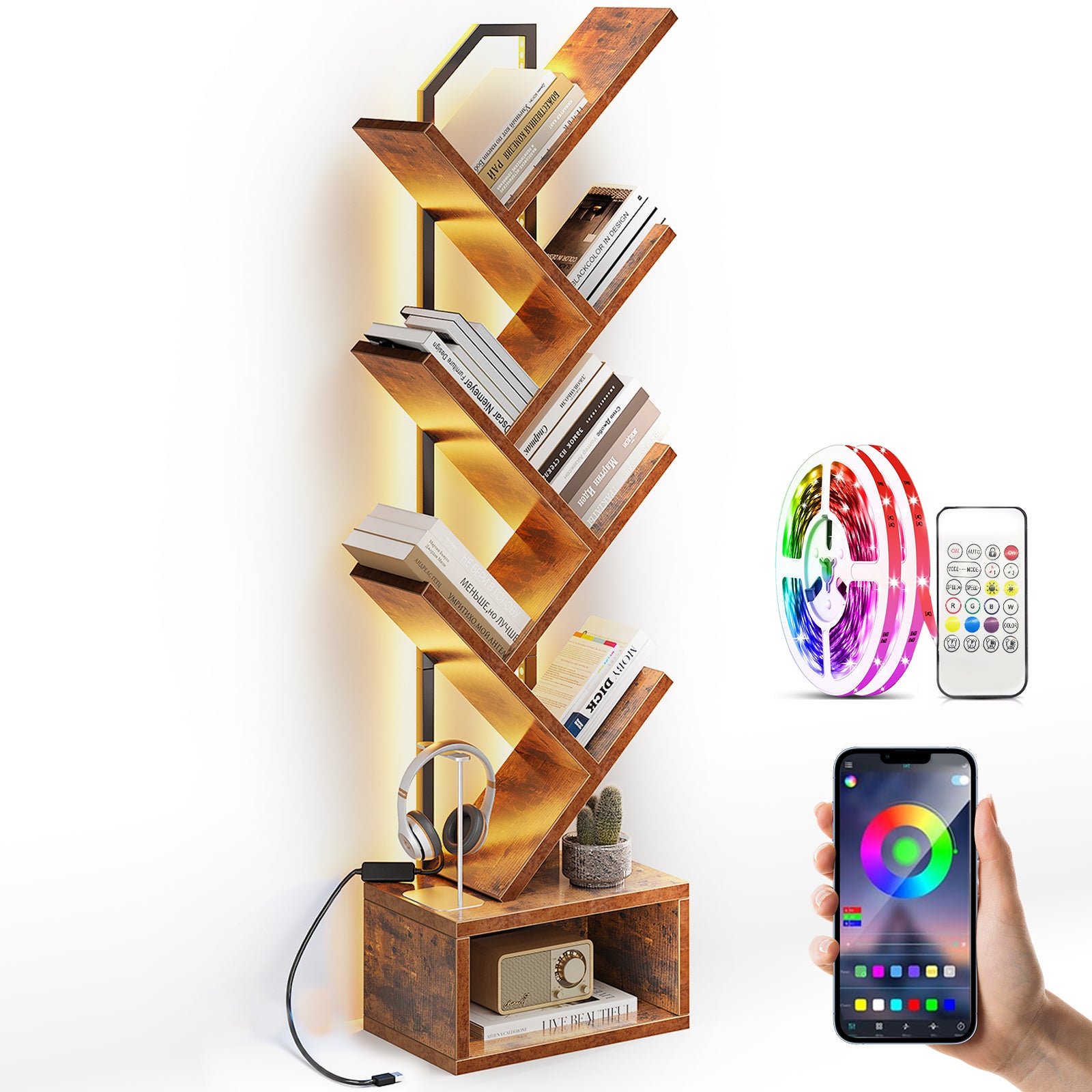 Tree Bookshelf with LED Lights, 6-Tier Narrow Bookcase for Small Spaces, Tall Steel & Wood Storage Shelf with Cabinet, Home Decor & Organizer for Living Room/Bedroom/Home Office, Vintage