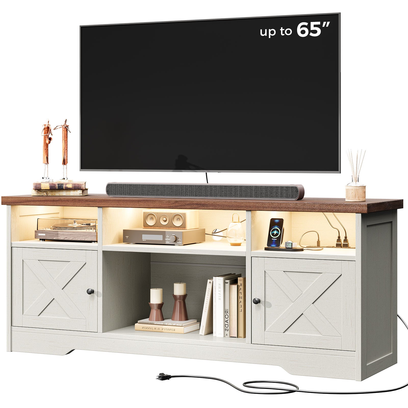TV Stand for 65 Inch TV, Farmhouse Entertainment Center with Power Outlet & LED Light and Storage Cabinets, Console Table and Media Furniture for Living Room Bedroom