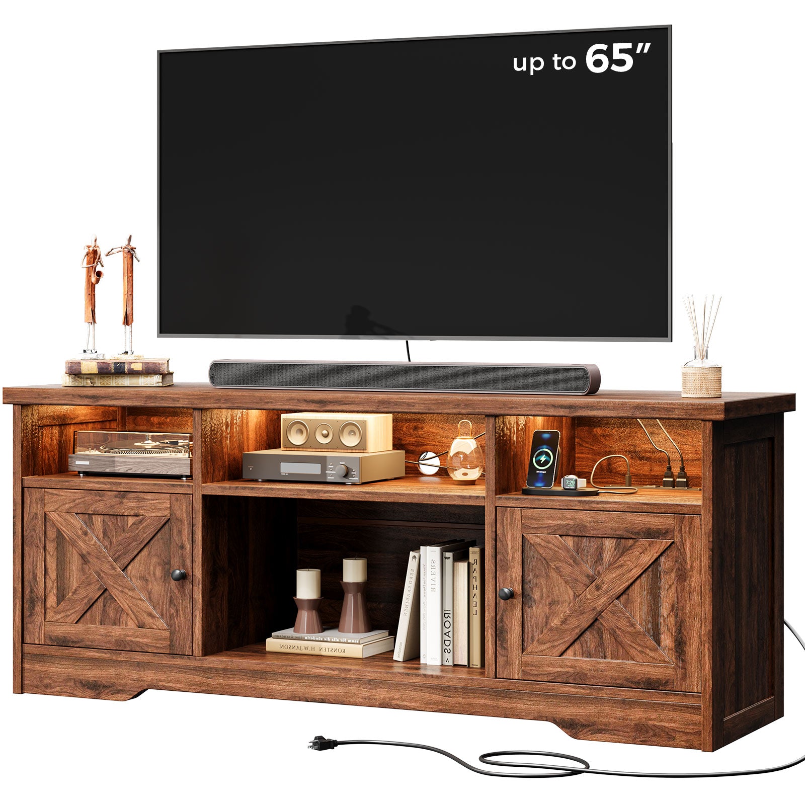 TV Stand for 65 Inch TV, Farmhouse Entertainment Center with Power Outlet & LED Light and Storage Cabinets, Console Table and Media Furniture for Living Room Bedroom