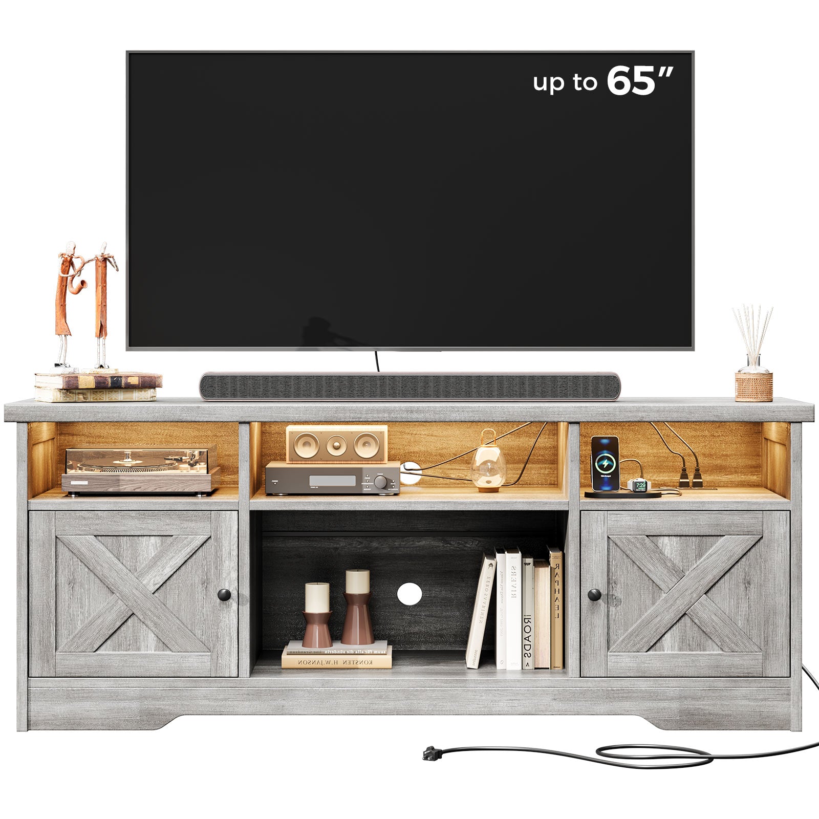 TV Stand for 65 Inch TV, Farmhouse Entertainment Center with Power Outlet & LED Light and Storage Cabinets, Console Table and Media Furniture for Living Room Bedroom
