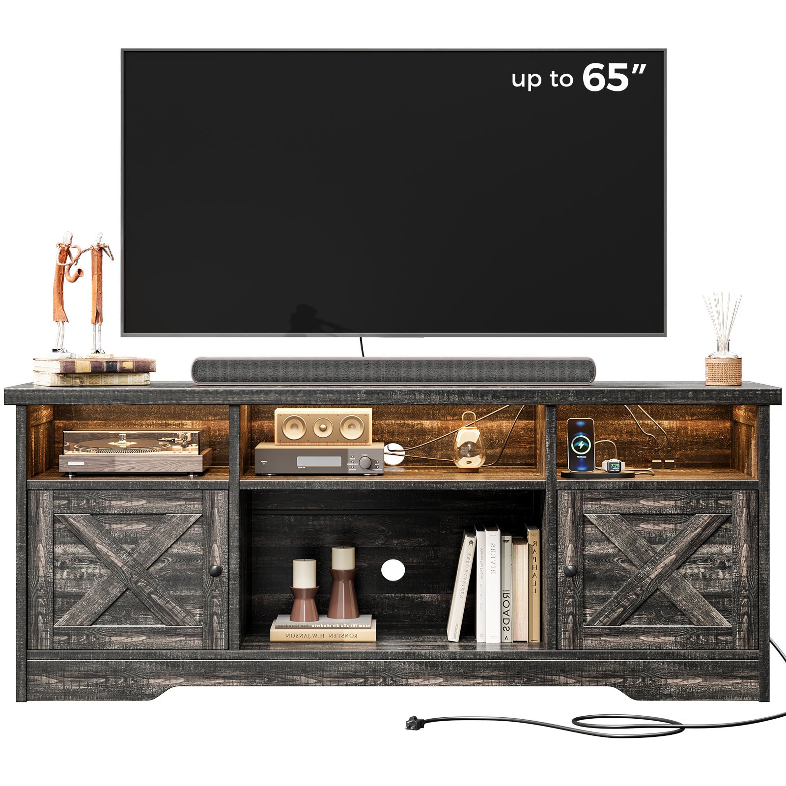 TV Stand for 65 Inch TV, Farmhouse Entertainment Center with Power Outlet & LED Light and Storage Cabinets, Console Table and Media Furniture for Living Room Bedroom
