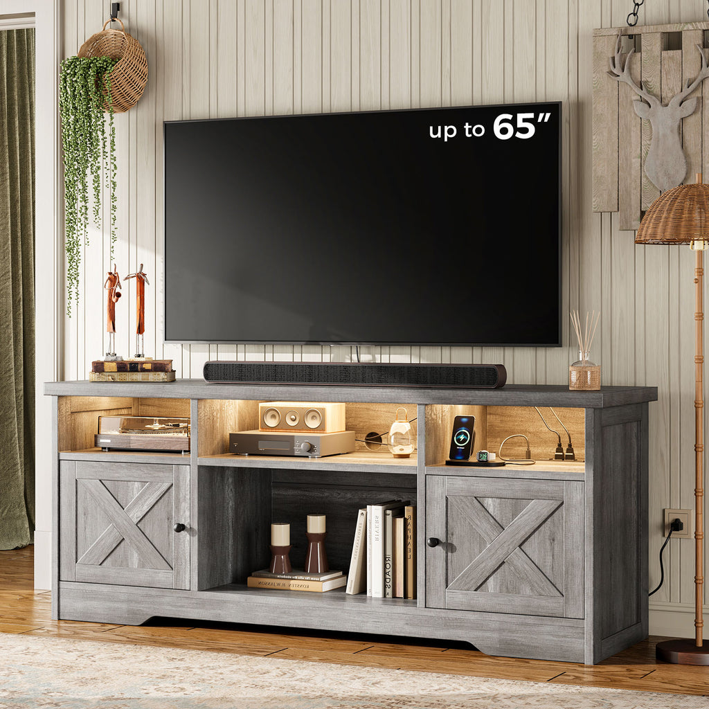 TV Stand for 65 Inch TV, Farmhouse Entertainment Center with Power Outlet & LED Light and Storage Cabinets, Console Table and Media Furniture for Living Room Bedroom