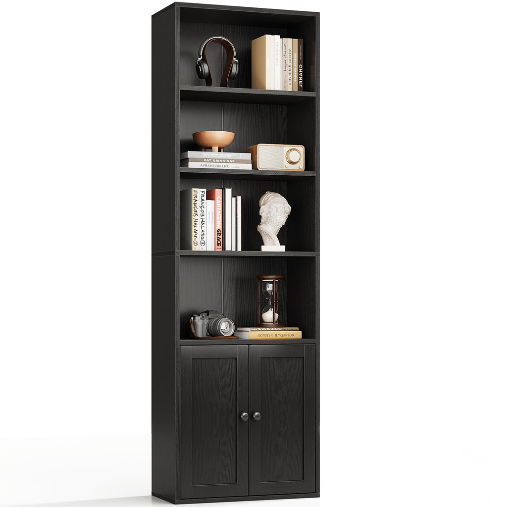 Bookshelf and Bookcase with Doors, Floor Standing 6-Tier Shelf Display Storage Shelves, Tall Bookcases for Home Office, Living Room, Black