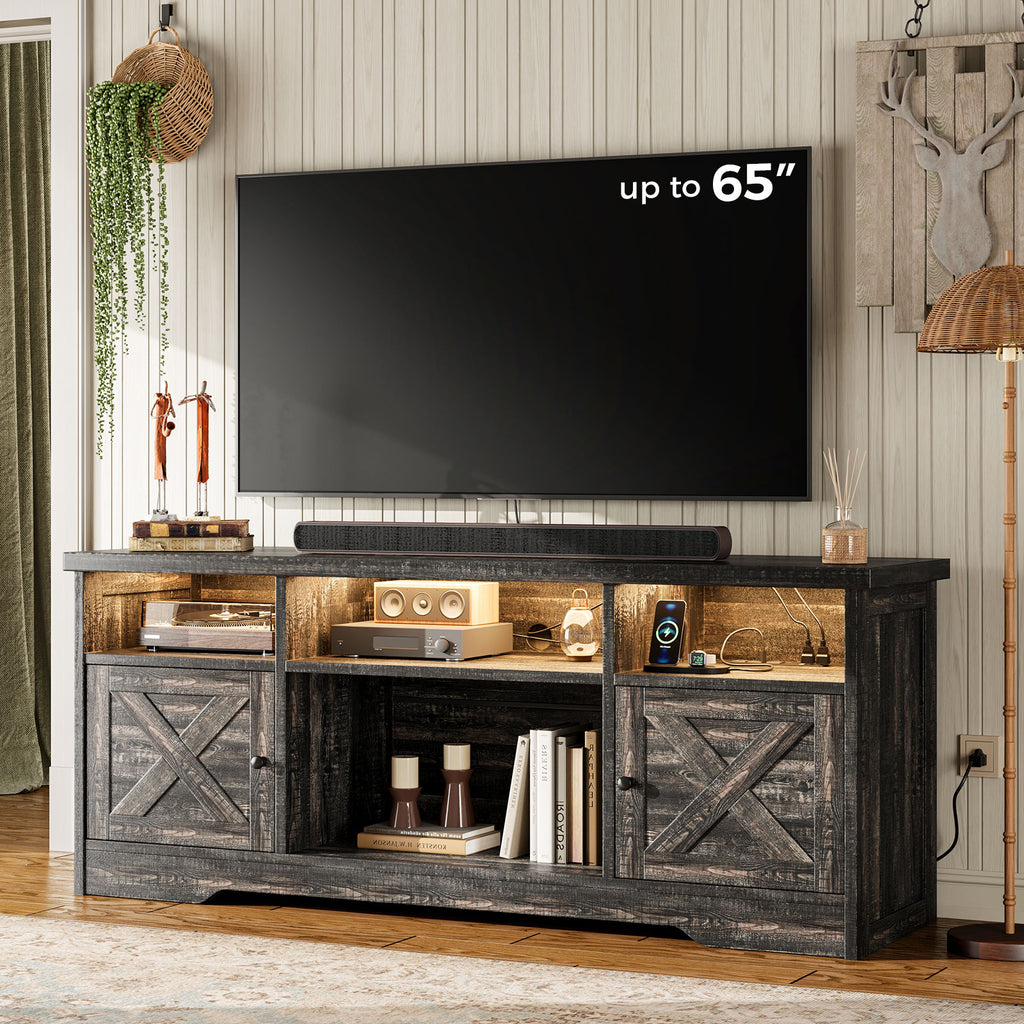 TV Stand for 65 Inch TV, Farmhouse Entertainment Center with Power Outlet & LED Light and Storage Cabinets, Console Table and Media Furniture for Living Room Bedroom
