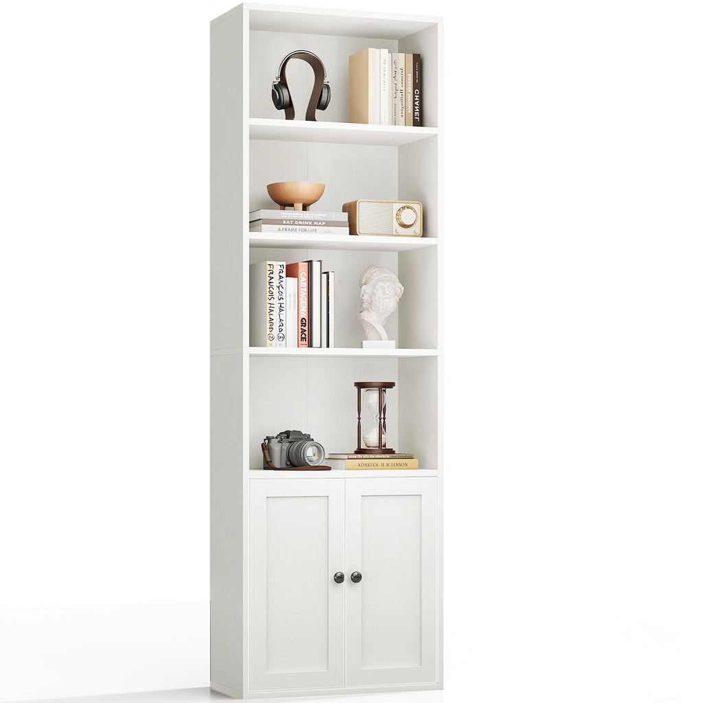 Bookshelf and Bookcase with Doors, Floor Standing 6-Tier Shelf Display Storage Shelves, Tall Bookcases for Home Office, Living Room, White