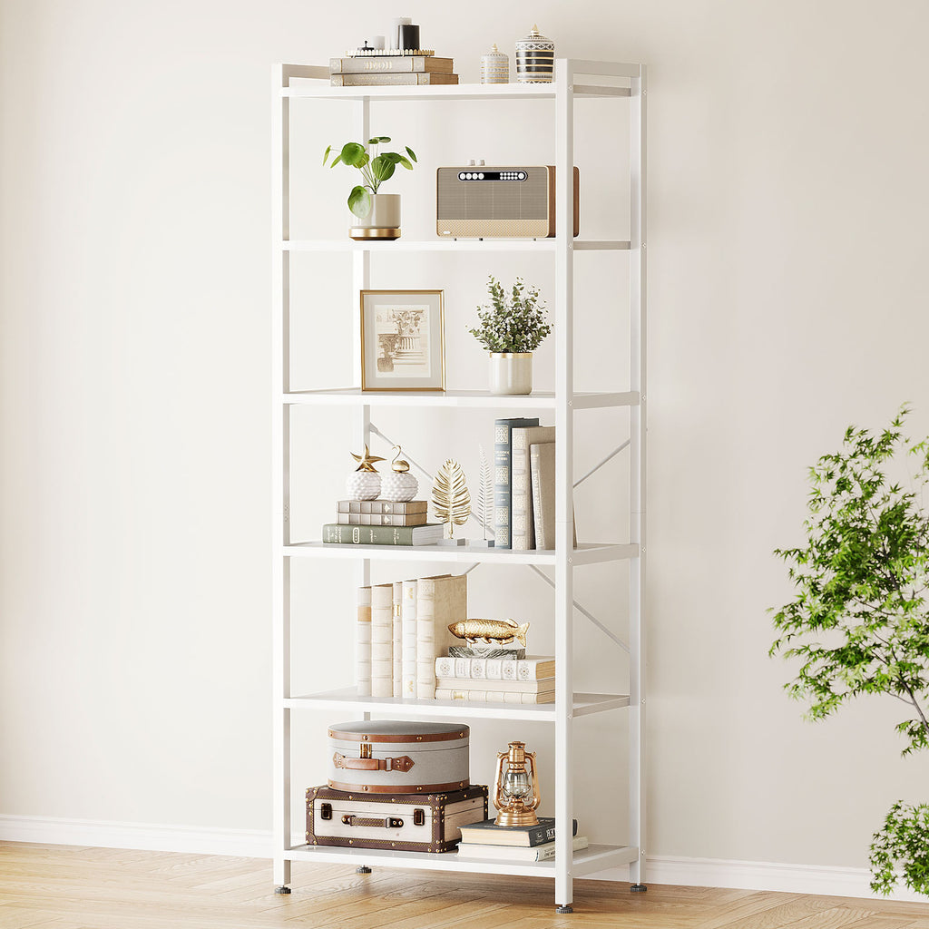 Book Shelf, 6 Tier Tall Bookshelf, Modern Wood Bookcase Shelves for Bedroom, Industrial Display Shelf for Living Room Home Office Kitchen, Standing Shelving Unit Storage Organizer, White