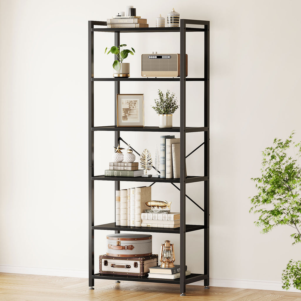 Book Shelf, 6 Tier Tall Bookshelf, Modern Wood Bookcase Shelves for Bedroom, Industrial Display Shelf for Living Room Home Office Kitchen, Standing Shelving Unit Storage Organizer, Black