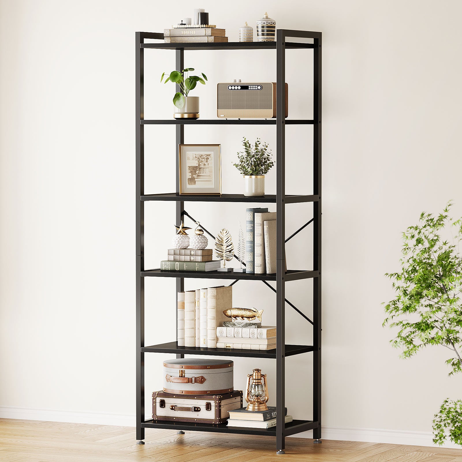 Book Shelf, 6 Tier Tall Bookshelf, Modern Wood Bookcase Shelves for Bedroom, Industrial Display Shelf for Living Room Home Office Kitchen, Standing Shelving Unit Storage Organizer, Black