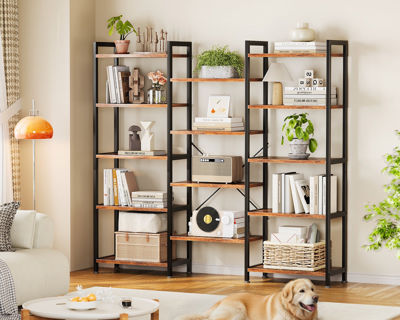 Triple 5 Tier Bookshelf, Large Bookcase with 14 Open Display Shelves, Modern Industrial Book Shelves Book Case for Bedroom, Wide Standing Shelving Unit for Living Room Home Office, Vintage