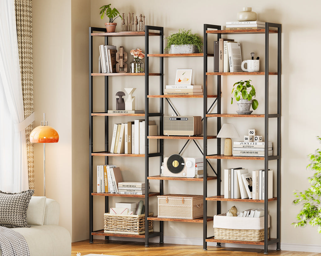 Triple 6 Tier Bookshelf, Large Bookcase with 17 Open Display Shelves, Modern Industrial Book Shelves Book Case for Bedroom, Wide Standing Shelving Unit for Living Room Home Office, Vintage