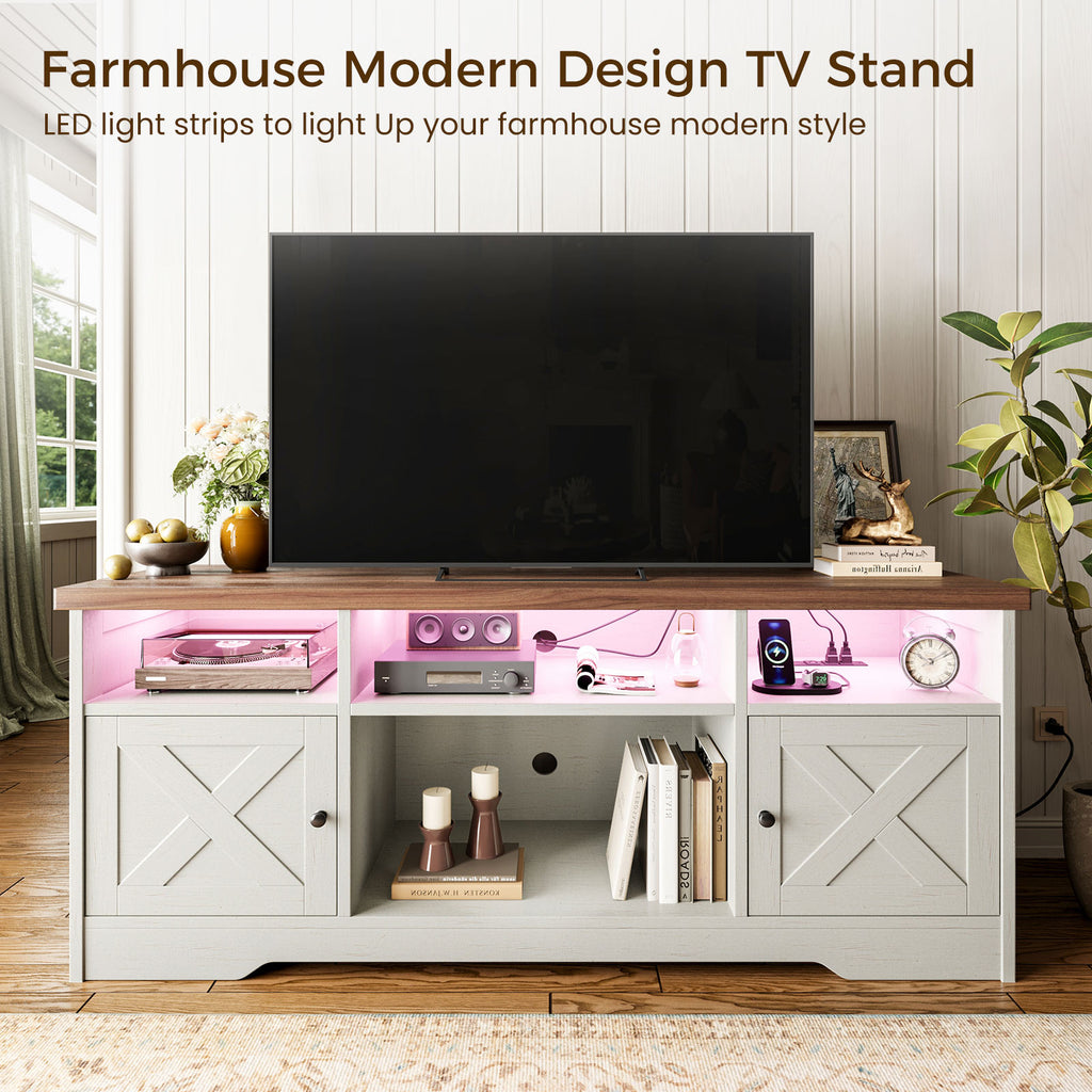 TV Stand for 65 Inch TV, Farmhouse Entertainment Center with Power Outlet & LED Light and Storage Cabinets, Console Table and Media Furniture for Living Room Bedroom