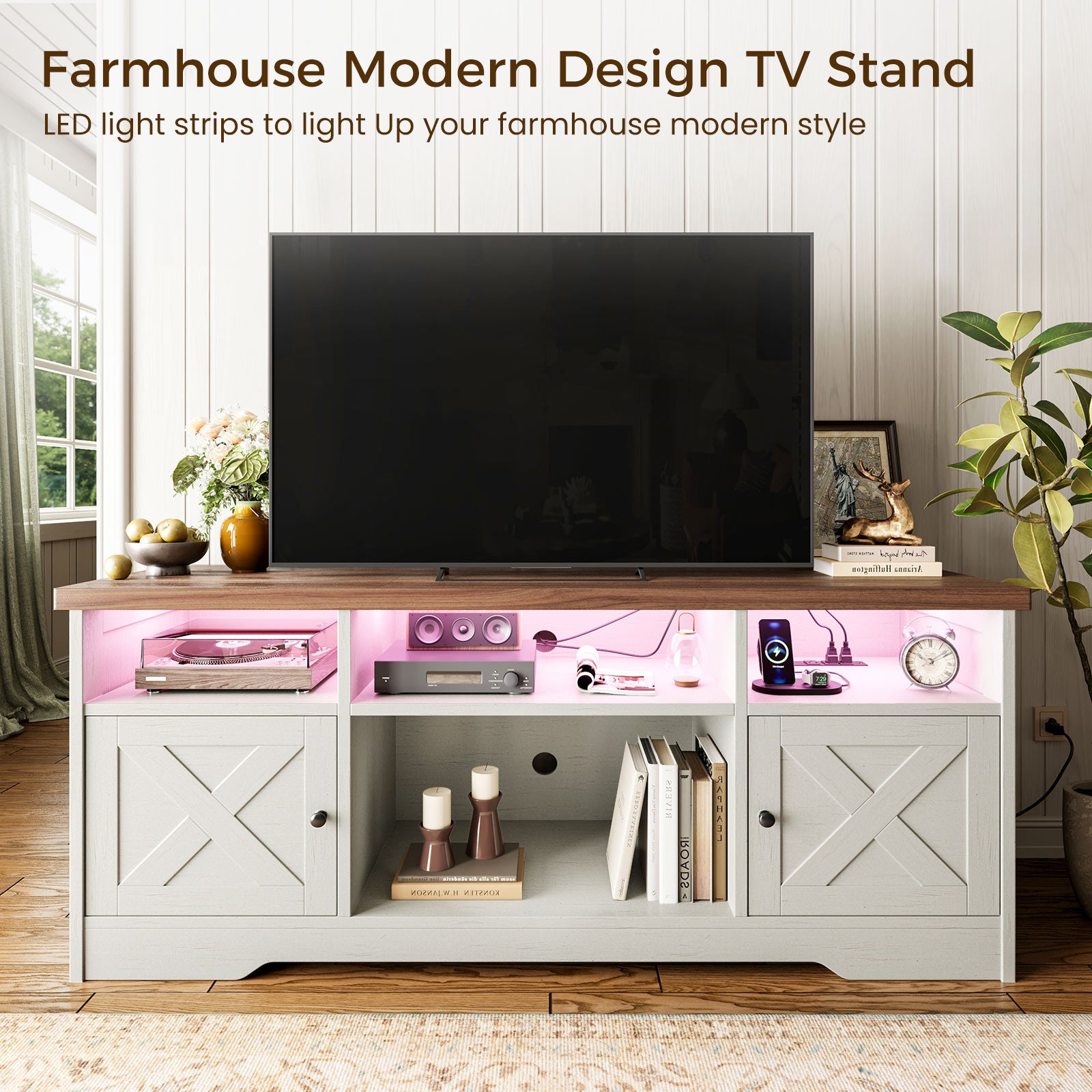 TV Stand for 65 Inch TV, Farmhouse Entertainment Center with Power Outlet & LED Light and Storage Cabinets, Console Table and Media Furniture for Living Room Bedroom