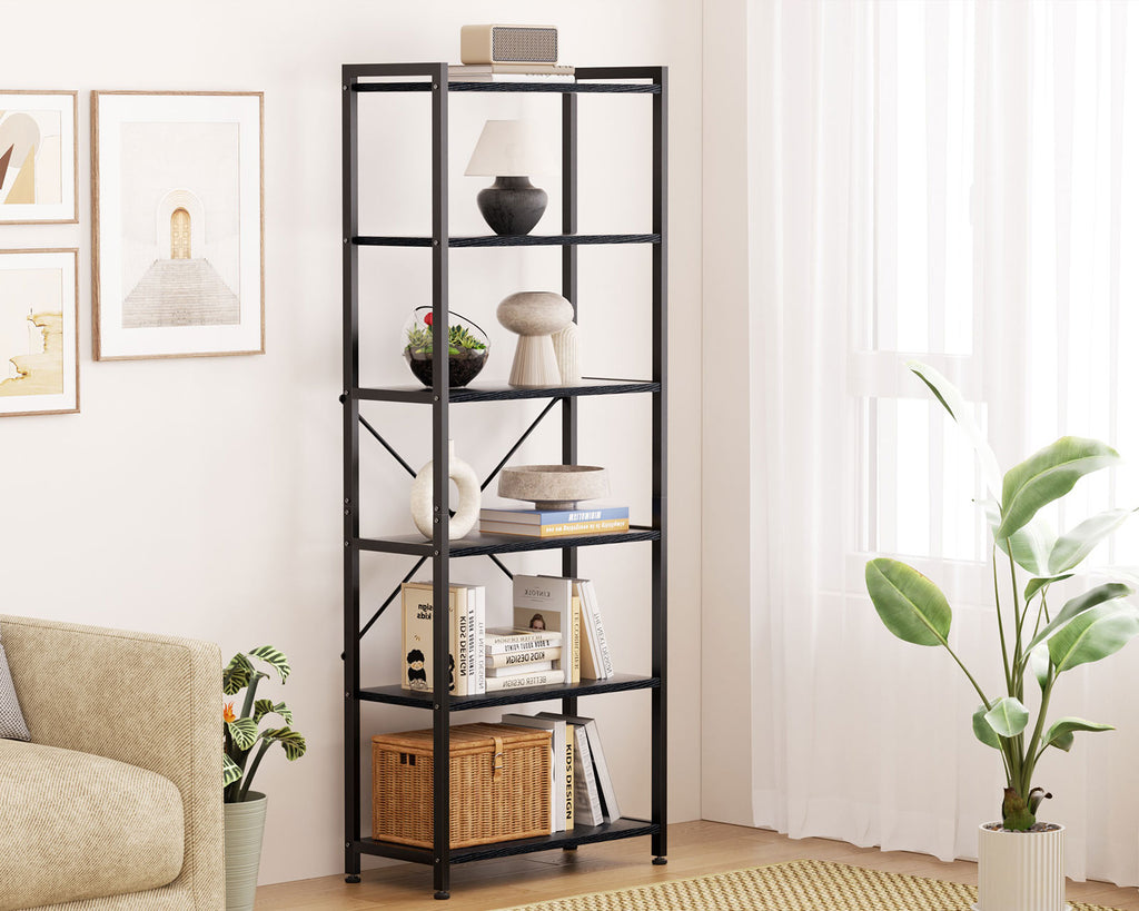 Book Shelf, 6 Tier Tall Bookshelf, Modern Wood Bookcase Shelves for Bedroom, Industrial Display Shelf for Living Room Home Office Kitchen, Standing Shelving Unit Storage Organizer, Black