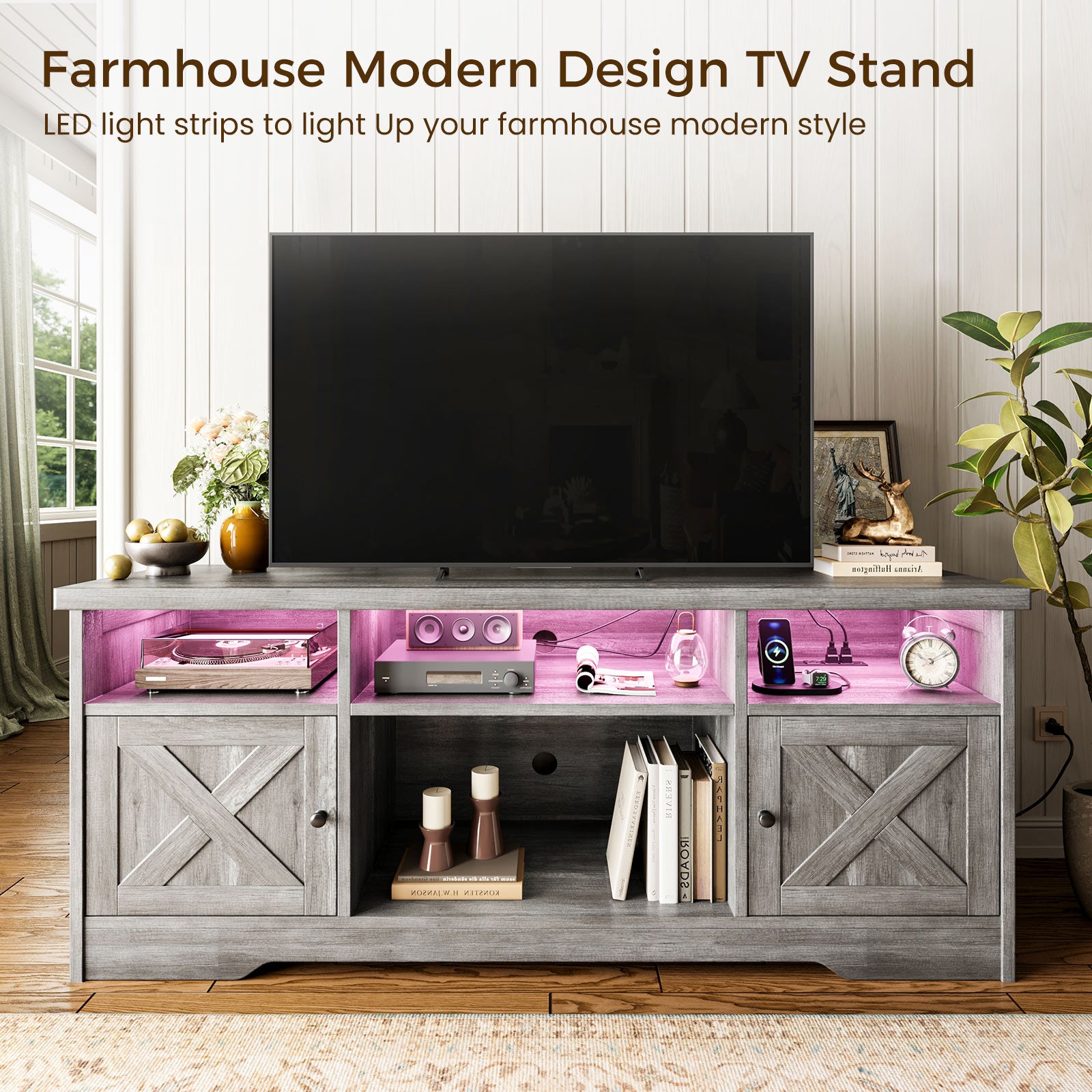 TV Stand for 65 Inch TV, Farmhouse Entertainment Center with Power Outlet & LED Light and Storage Cabinets, Console Table and Media Furniture for Living Room Bedroom