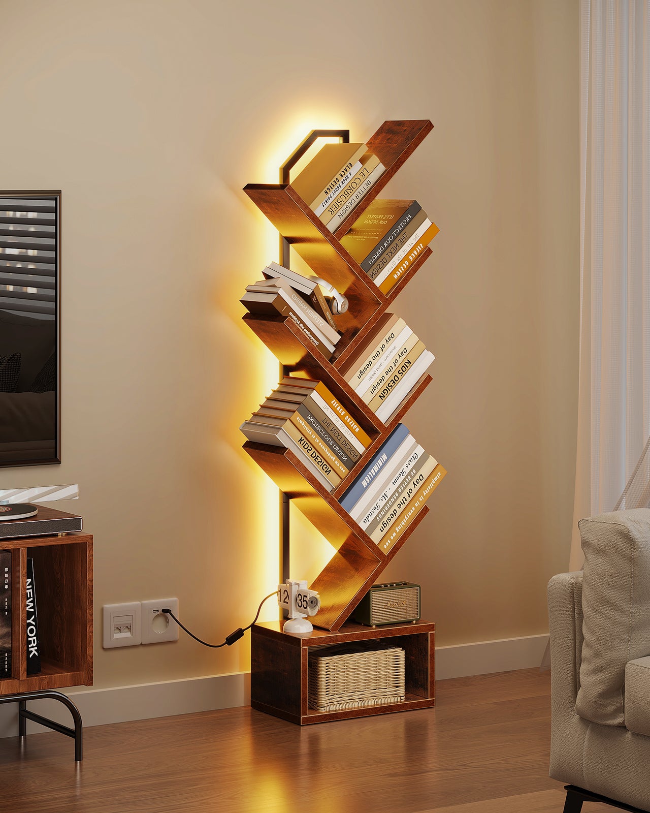 Tree Bookshelf with LED Lights, 6-Tier Narrow Bookcase for Small Spaces, Tall Steel & Wood Storage Shelf with Cabinet, Home Decor & Organizer for Living Room/Bedroom/Home Office, Vintage
