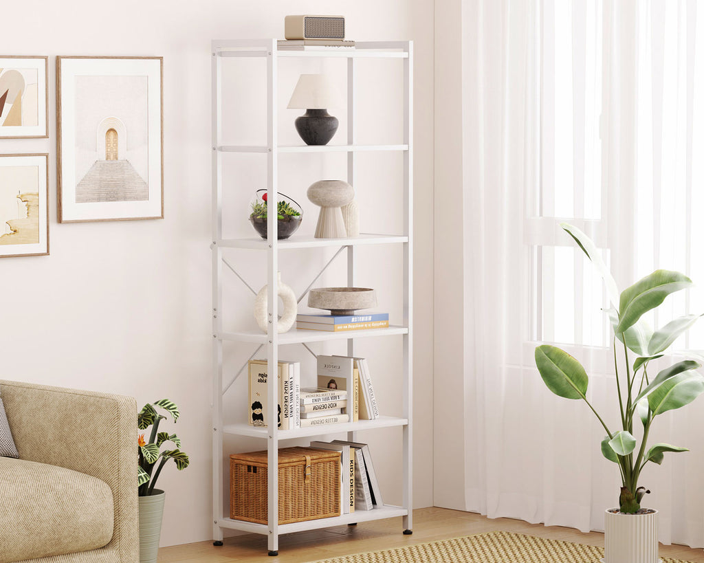 Book Shelf, 6 Tier Tall Bookshelf, Modern Wood Bookcase Shelves for Bedroom, Industrial Display Shelf for Living Room Home Office Kitchen, Standing Shelving Unit Storage Organizer, White