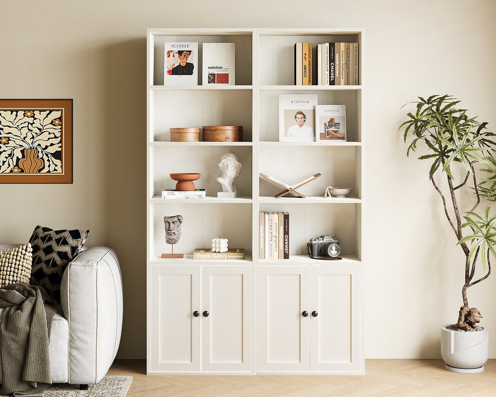 Bookshelf and Bookcase with Doors, Floor Standing 6-Tier Shelf Display Storage Shelves, Tall Bookcases for Home Office, Living Room, White