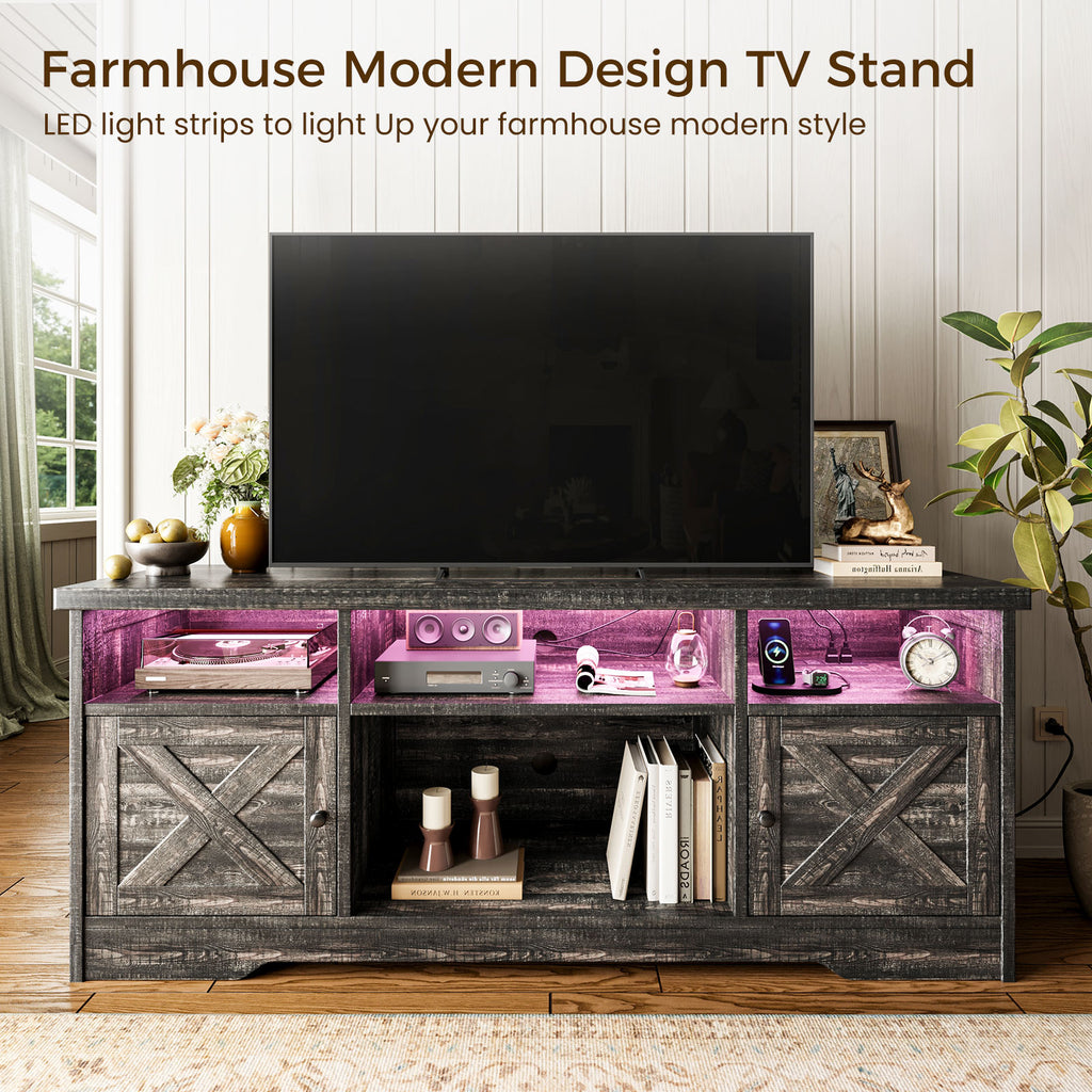 TV Stand for 65 Inch TV, Farmhouse Entertainment Center with Power Outlet & LED Light and Storage Cabinets, Console Table and Media Furniture for Living Room Bedroom