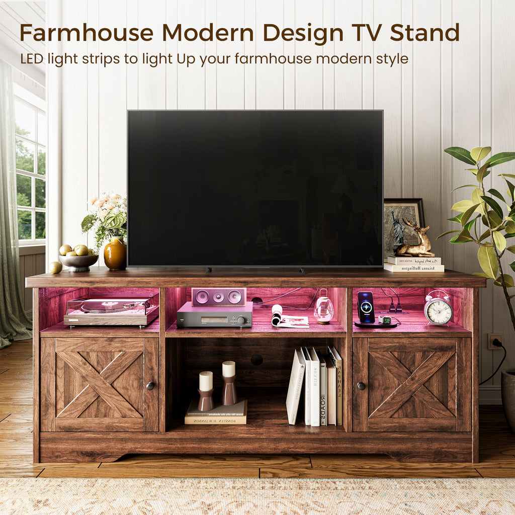 TV Stand for 65 Inch TV, Farmhouse Entertainment Center with Power Outlet & LED Light and Storage Cabinets, Console Table and Media Furniture for Living Room Bedroom