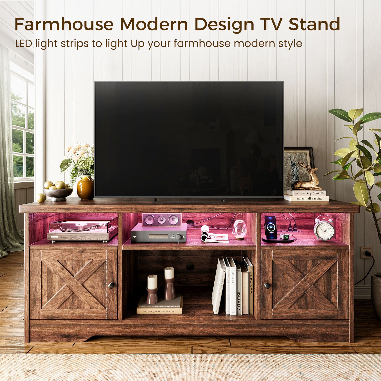 TV Stand for 65 Inch TV, Farmhouse Entertainment Center with Power Outlet & LED Light and Storage Cabinets, Console Table and Media Furniture for Living Room Bedroom