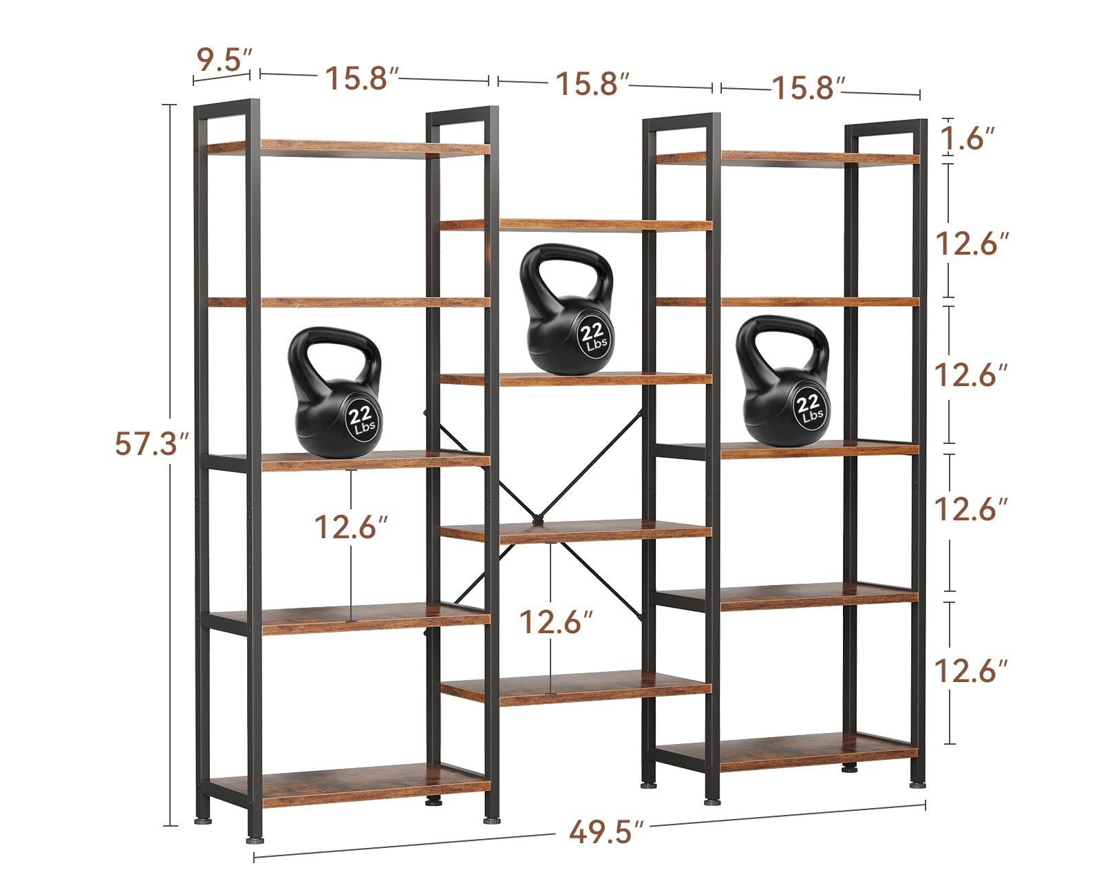 Triple 5 Tier Bookshelf, Large Bookcase with 14 Open Display Shelves, Modern Industrial Book Shelves Book Case for Bedroom, Wide Standing Shelving Unit for Living Room Home Office, Vintage
