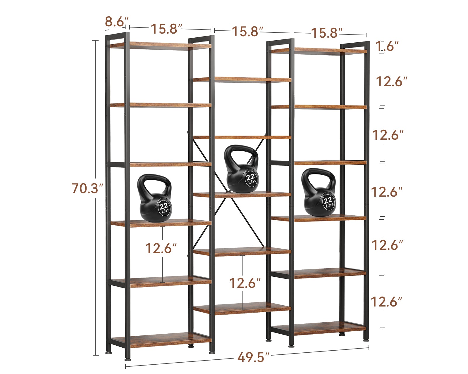 Triple 6 Tier Bookshelf, Large Bookcase with 17 Open Display Shelves, Modern Industrial Book Shelves Book Case for Bedroom, Wide Standing Shelving Unit for Living Room Home Office, Vintage