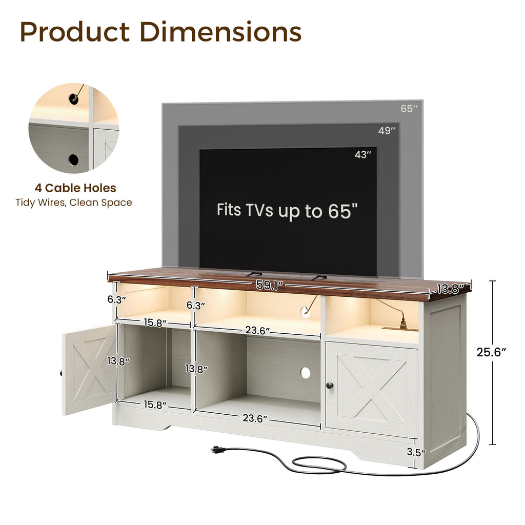 TV Stand for 65 Inch TV, Farmhouse Entertainment Center with Power Outlet & LED Light and Storage Cabinets, Console Table and Media Furniture for Living Room Bedroom