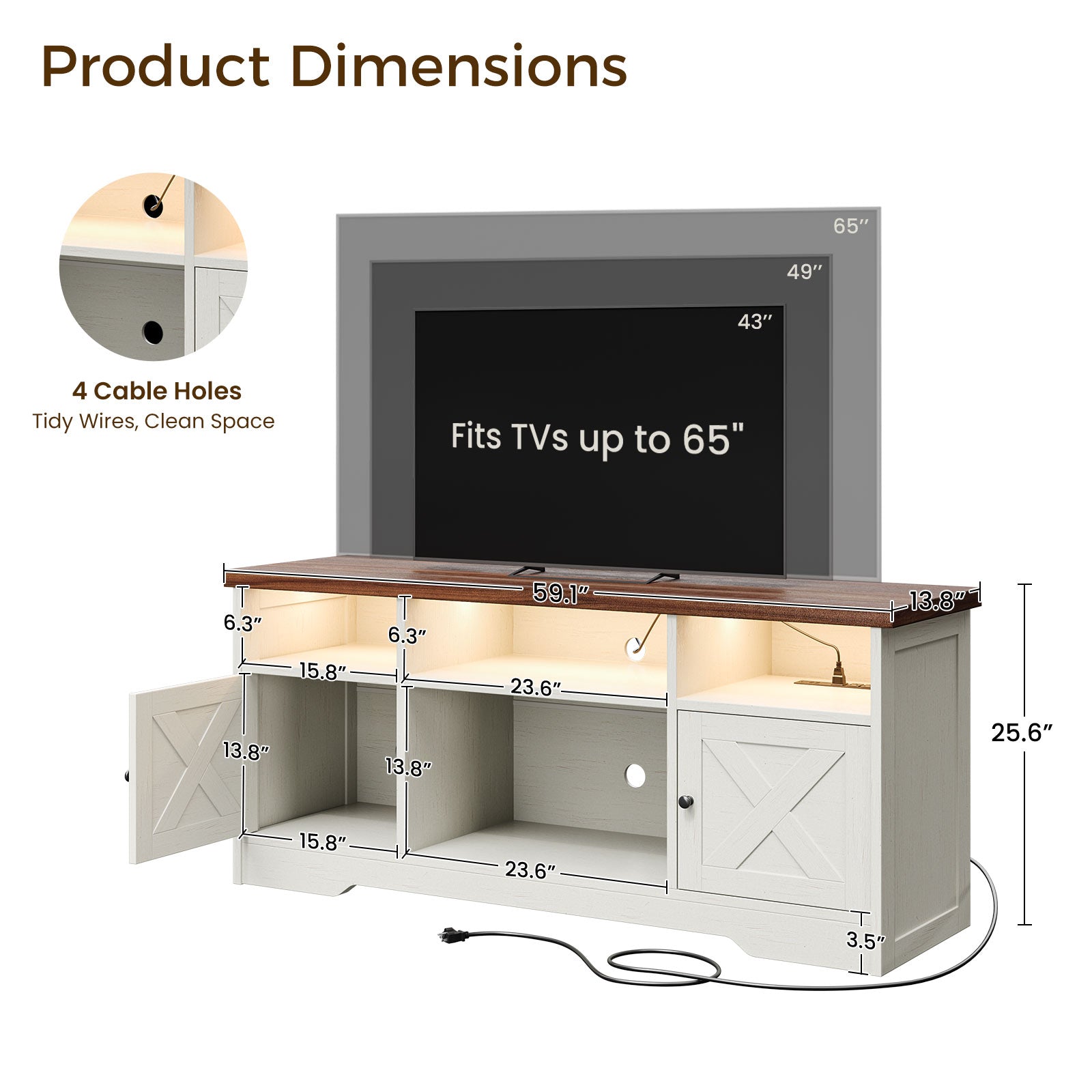 TV Stand for 65 Inch TV, Farmhouse Entertainment Center with Power Outlet & LED Light and Storage Cabinets, Console Table and Media Furniture for Living Room Bedroom