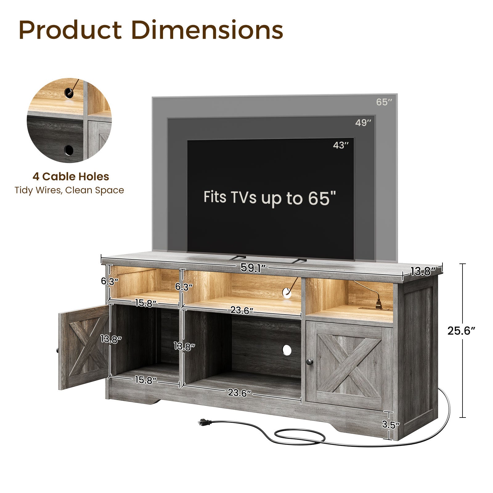 TV Stand for 65 Inch TV, Farmhouse Entertainment Center with Power Outlet & LED Light and Storage Cabinets, Console Table and Media Furniture for Living Room Bedroom