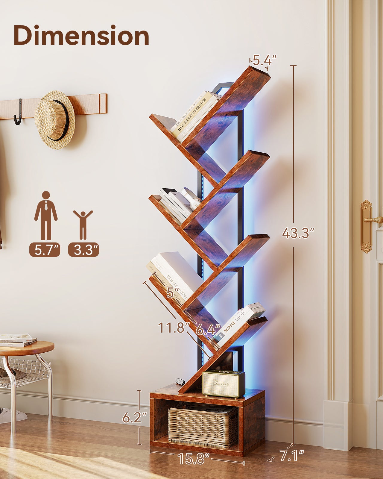 Tree Bookshelf with LED Lights, 6-Tier Narrow Bookcase for Small Spaces, Tall Steel & Wood Storage Shelf with Cabinet, Home Decor & Organizer for Living Room/Bedroom/Home Office, Vintage