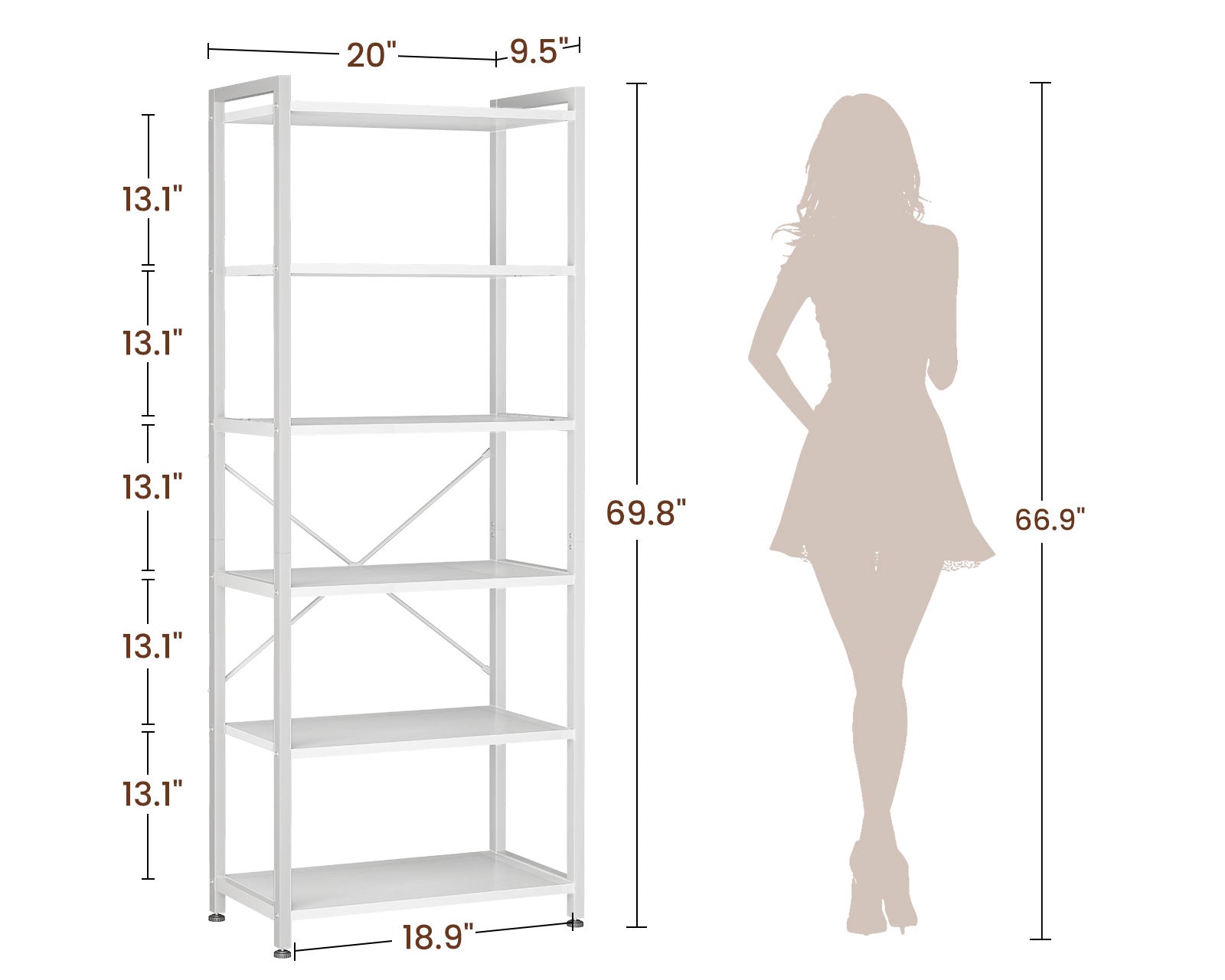 Book Shelf, 6 Tier Tall Bookshelf, Modern Wood Bookcase Shelves for Bedroom, Industrial Display Shelf for Living Room Home Office Kitchen, Standing Shelving Unit Storage Organizer, White