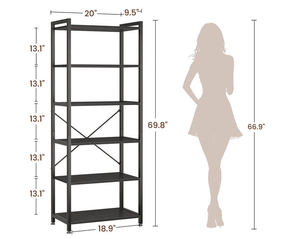 Book Shelf, 6 Tier Tall Bookshelf, Modern Wood Bookcase Shelves for Bedroom, Industrial Display Shelf for Living Room Home Office Kitchen, Standing Shelving Unit Storage Organizer, Black