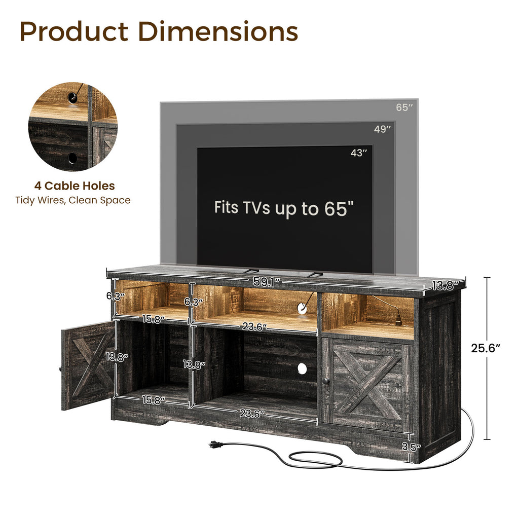 TV Stand for 65 Inch TV, Farmhouse Entertainment Center with Power Outlet & LED Light and Storage Cabinets, Console Table and Media Furniture for Living Room Bedroom