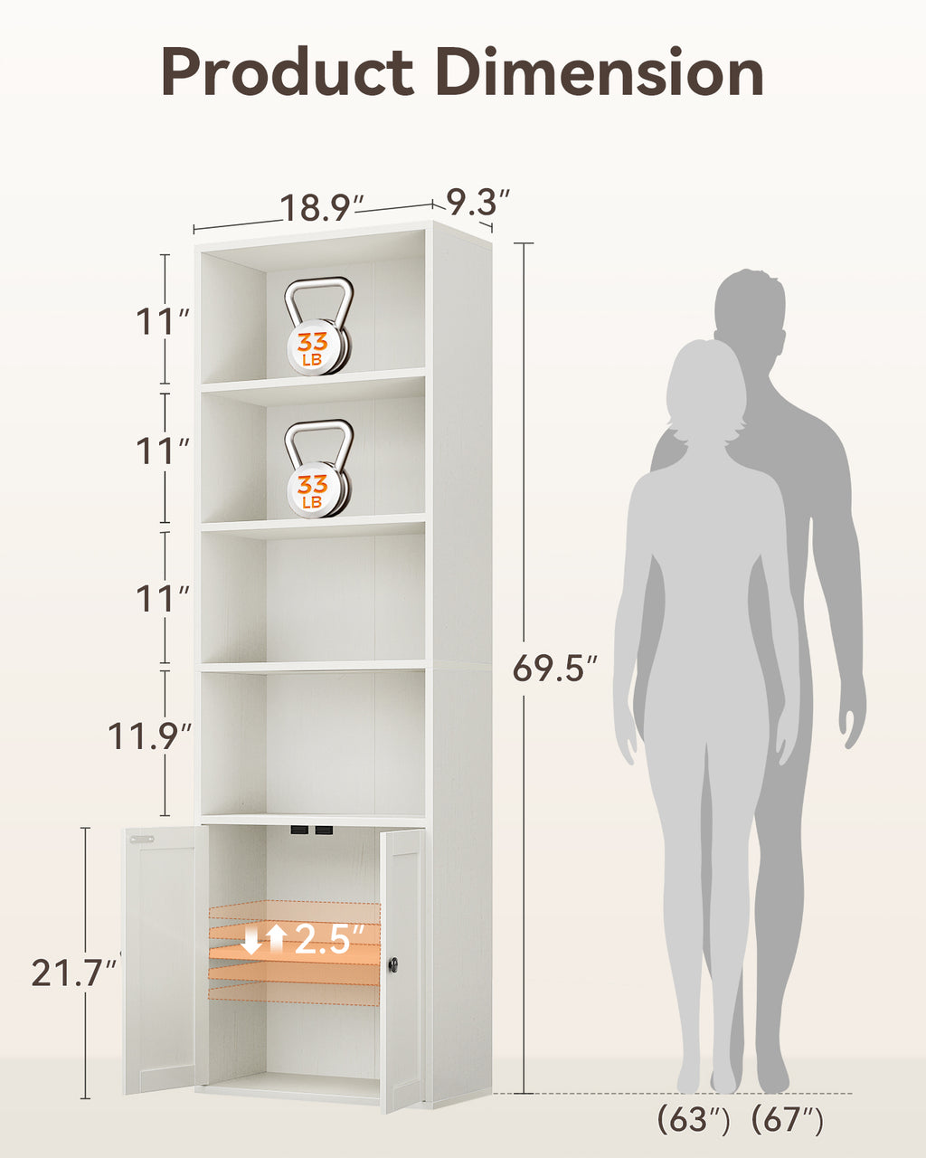 Bookshelf and Bookcase with Doors, Floor Standing 6-Tier Shelf Display Storage Shelves, Tall Bookcases for Home Office, Living Room, White