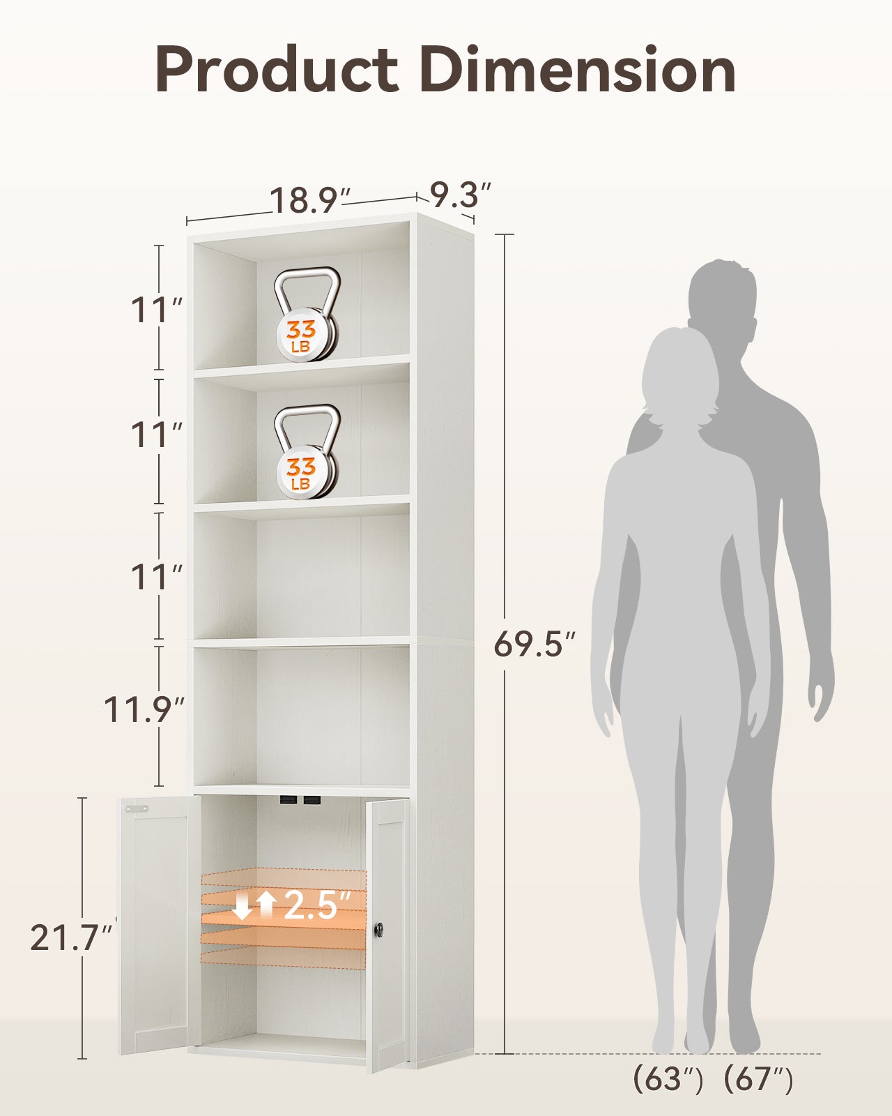 Bookshelf and Bookcase with Doors, Floor Standing 6-Tier Shelf Display Storage Shelves, Tall Bookcases for Home Office, Living Room, White