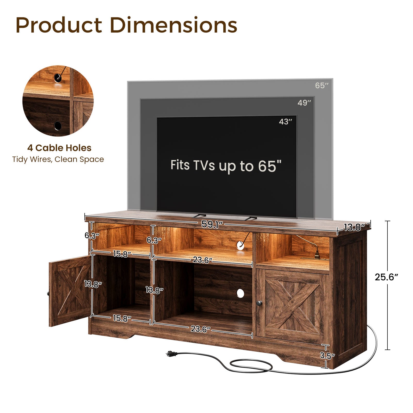 TV Stand for 65 Inch TV, Farmhouse Entertainment Center with Power Outlet & LED Light and Storage Cabinets, Console Table and Media Furniture for Living Room Bedroom